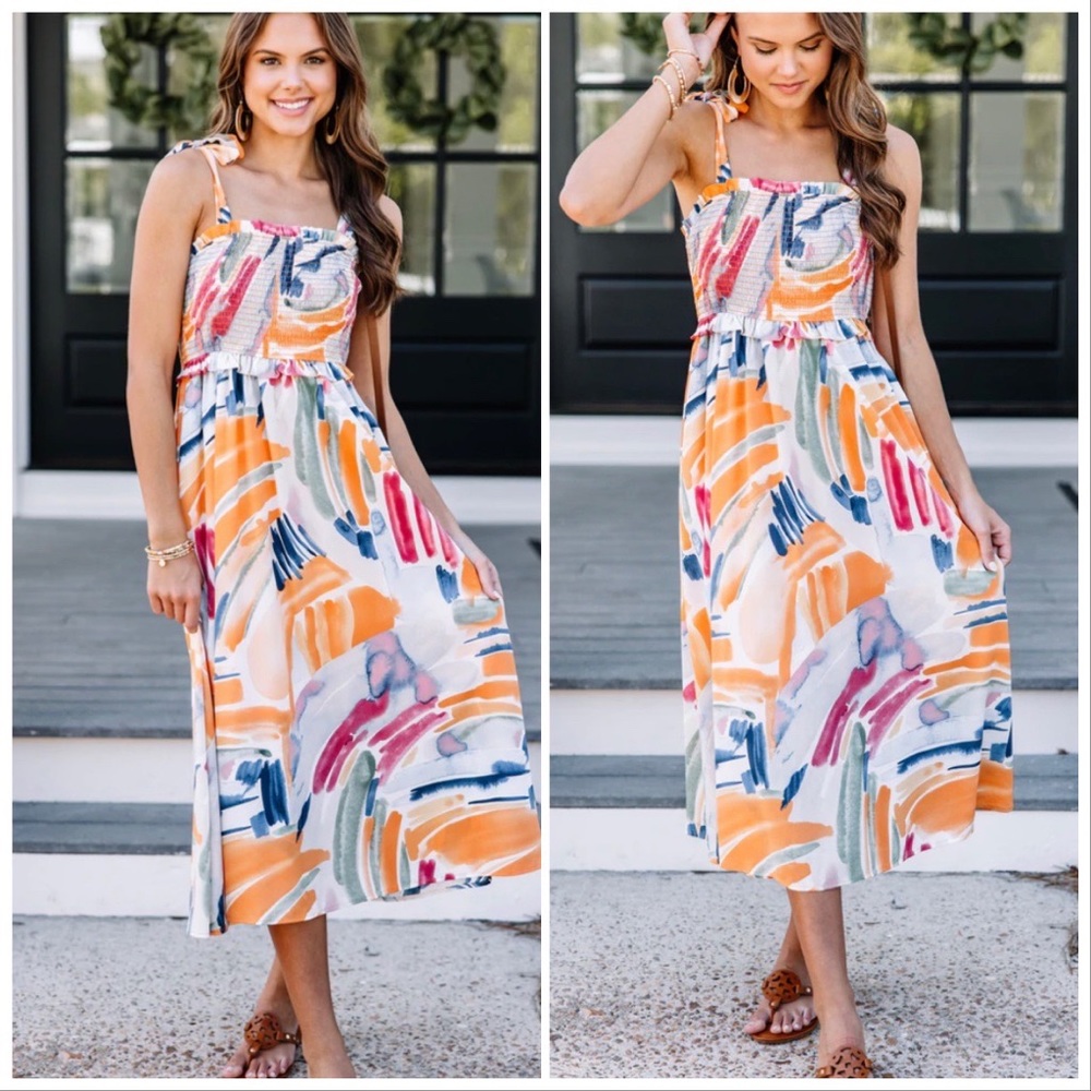 🆕💕 Abstract Watercolor Midi Sundress with Tie Straps